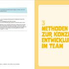 Linke Seite oben: „Im Download-Bereich sind jeweils passende Kopiervorlagen zu finden, die für die Umsetzung genutzt werden können.“ Darunter fachliche Literatur. Rechte Seite: „3 Methoden zur Konzeptentwicklung im Team“. Icons: Glühbirne, Buch. Unten links: Seitennummer 14.