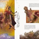 Texte: "So tanzten sie zurück in den Garten...", "Die Tanzenden kamen am Springbrunnen...", darunter Illustrationen von tanzenden Figuren, Tieren und einer umgestoßenen Statue.