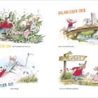 Illustration zeigt Mäuse beim Spielen: sausen um Pusteblumen, balancieren über Brücke, klettern auf Berg, Richtung Spielliese.