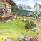Ein Tisch mit Essen, zwei Tiere winken fröhlich; im Hintergrund Wanderer, Berge, Schmetterlinge und bunte Blumen.