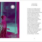 Auf der linken Seite: Eine Illustration eines Mannes, der aus einem Fenster in den Himmel schaut. Der Himmel ist dunkel mit einem leuchtenden Kaffeetassen-Symbol. Rechts ein Gedicht von Eugen Roth, "Der starke Kaffee", das den schlaflosen Zustand nach Kaffeegenuss beschreibt.