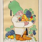 Eine Illustration eines kleinen Mannes mit grünem Hut, der einen Korb voller bunter Früchte wie Trauben und Äpfel hält.