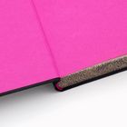 Kein Text. Ein aufgeschlagenes Buch mit pinkem Inneneinband und gold verzierter Schnittkante.