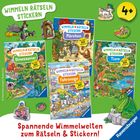 "WIMMELN RÄTSELN STICKERN", "Märchen", "Dinosaurier", "Tiere", "Fahrzeuge". Spannende Wimmelwelten zum Rätseln & Stickern!