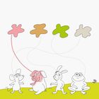 Oben blaue Streifen. Darunter vier Farbflecken. Unten Tiere: Maus, Schwein, Hase, Frosch. Schwein in rosa ausgemalt.