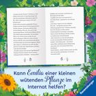 Kann Emilia einer kleinen wütenden Pflanze im Internat helfen? Blumen und Blätter umrahmen die Szene.