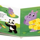 Nilpferd spielt, Ball platzt, es hat Schmerzen. Doktor Panda gibt gelbe Pflaster. Illustration von Panda und Nilpferd.