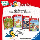 Texte: "Kurz + Leicht", "Alle Bücher mit kurzen Texten und Stickern", "Auf geht’s ins nächste Lese-Abenteuer!"  
Vier Kinderbücher sind abgebildet.
