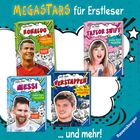 "Megastars für Erstleser" mit Buchcovern von "Ronaldo", "Taylor Swift", "Messi", "Verstappen" und "Ravensburger" Logo.