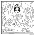 Illustration einer lachenden Prinzessin mit Krone im Wald, umgeben von Bäumen und Blumen.
