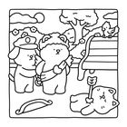 Eine Illustration von Tierfiguren im Park: Ein Hund als Polizist, ein Bär als Amor und ein liegender Pfeilträger-Kater.