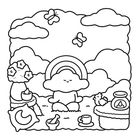 Illustration: Eine Wolke mit Gesicht sitzt meditierend vor einem Regenbogen. Blumen, ein Kissen und Schmetterlinge umgeben sie.