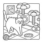 Cartoon-Katze mit gesträubtem Fell, Katzenbaum, Fischbild, Ball und Spielzeug auf gefliestem Boden.