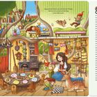 Achtung, das ist die böse Königin! Schöne Äpfel zu verkaufen... Mmh, das riecht lecker! Illustration eines belebten Zwergenhauses.