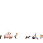 Eine Illustration mit Kindern, Tieren, einem Bett, einem Kind auf einer Schnecke und einem schlafenden Wichtel mit Storch.