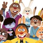 Eine Gruppe bunter, lächelnder Cartoon-Hasen in verschiedenen Outfits, fröhlich und freundlich.