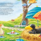 Text über einen kleinen Raben, der im Regen unter einem Schirm im Nest sitzt und übernachtende Freunde einlädt. Lustige Illustration.