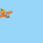 Keine sichtbaren Texte. Illustration: Ein Hund fliegt ein rotes Flugzeug vor einem blauen Himmel mit Wolkenspur.