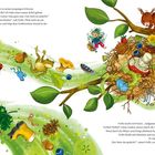 Text: Da niest das Eichhörnchen in seinen struppigen Schwanz. „Kannst du mir helfen, Holla?" Oben ein Eichhörnchen auf einem Nest. Viele bunte Objekte und ein kleiner Frosch umgeben es.