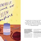 „Gelassenheit beginnt, wo müssen aufhört.“ Illustration mit Kerze, Strickzeug, Brötchen und Zettel auf einem Tisch.