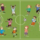 Eine Illustration von Kindern auf einem Fußballfeld: Milan, Ella, Oskar, Mika, Luis, Tafari, Muska, Sophie, Yael, Cem, Lilli, Timon, Pepe.
