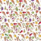 Bunte Illustration mit vielen Früchten und Gemüsen wie Trauben, Birnen, Paprika und Möhren in Tüten auf weißem Hintergrund.
