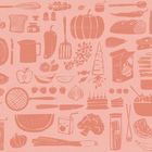 Das Bild zeigt eine Vielzahl von Küchenutensilien, Speisen und Zutaten wie Brokkoli, Fisch, Kuchen, Brot, Obst und Gemüse auf rosa Hintergrund.