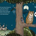 Am liebsten besucht das kleine Gespenst seinen Freund, den Uhu Schuhu. Eine Eule und ein Gespenst sitzen auf einem Ast.