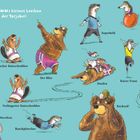 Dr. BRUMMs kleines Lexikon der Torjubel: Verschiedene Tiere feiern Tore mit lustigen Posen und Aktivitäten wie "Der Blitz" und "Kuckuck!".