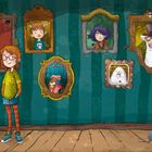 Ein Junge mit Brille und Orange-Cyan-Kleidung steht lächelnd vor einer Wand mit skurrilen Porträts, Spinnenweben und Maus.