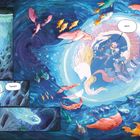 "Whoa." "Nimm dich in Acht, Kest!" "Tunnel?!!" Menschen und Meerwesen in einer Blase im Ozean, umgeben von bunten Fischen.