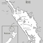 "Follys & Flecks Reise" zeigt eine Karte von Neuseelands Nordspitze mit Orten wie Awanui und dem Wald von Mataraua.