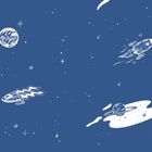 Illustration: Weiße Raketen und ein Planet mit Ringen auf blauem Hintergrund, umgeben von Sternen.