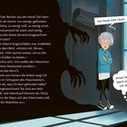 Eine Person sagt, "Ich muss hier raus!" Zu Füßen steht eine Katze mit der Denkblase: "Kraul mich, dann helfe ich dir." Links fließt viel Text.