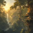 Illustration: Baumhäuser in riesigen Bäumen, verbunden durch Hängebrücken, Wasserfall im Hintergrund, goldenes Licht.