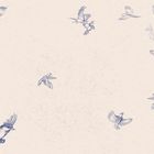 Eine Illustration zeigt Vögel im Flug auf beigem Hintergrund, fein gezeichnet in blauen Konturen.
