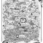 Fantasy-Landkarte mit Städten: Evrila, Taexenia, Koralia, Iyawen, Uxasta. Illustrationen von Bergen, einem Kompass und einem Schiff.