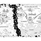 Karte mit Orten: Schattenreich, Solitude, Burgruinen, Wald der Verdammnis. Illustrationen von Bergen und Gebäuden.