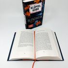 Aufrecht stehendes Buch mit der Aufschrift "KLÜPFEL KOBR - BLENDWERK". Offenes Buch mit orangem Lesebändchen.
