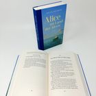 Es steht "Alice im Land der Ideen" von Roger Pol Droit. Ein aufgeschlagenes und ein stehendes blaues Buch.