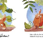Hilfst du Hörnchen und streichelst sein Pfötchen? "Ok." Illustration von einem nervösen und einem fröhlichen Eichhörnchen.