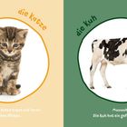 Links: "die Katze", "Miau!" - Eine kleine Katze mit weichem Fell. Rechts: "die Kuh", "Muuuuh!" - Eine gefleckte Kuh.