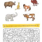 Kreise alle Tiere ein, auf denen geritten wird. Tiere: Yak, Känguru, Pony, Kamel, Elefant, Kuh. Malrätsel unten.
