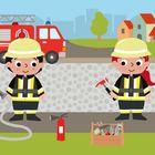 Zwei Feuerwehrleute in Uniform mit Helm, ein Feuerwehrauto, ein Hydrant und Werkzeuge im Freien, Illustration.
