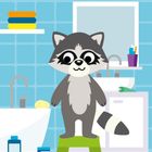 Illustration: Bär und Katze am Strand. Bär hält ein Eis, Katze eine Schaufel. Sonne, Palmen, Möwen und Meer im Hintergrund.