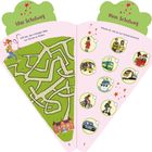 Texte: "Idas Schulweg", "Hilf Ida, den richtigen Weg zur Schule zu finden." und "Mein Schulweg", "Kreuze an, wie du zur Schule kommst."  
Illustration: Links Labyrinth zu einer Schule, rechts Transportmöglichkeiten zur Schule in Kreisen.