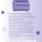 „Hallo, Demon Hunter“ in verspielter Schrift. Einladung zu Aktivitäten wie Rätseln, Quizzen und Spielen. Lila Sterne als Verzierung.