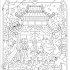 Drei Figuren mit Schwertern vor einem asiatischen Pavillon, umgeben von Blumen und Laternen. Eine Katze und ein Vogel mit Hut sind auch da.