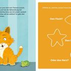 Links steht ein Text über Anna und ihre Katze. Rechts sind drei Leckerli-Formen: Fisch, Stern und Herz. Links sieht man eine orange Katze.