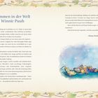 "Willkommen in der Welt von Winnie Puuh."  
Links viel Text über die Entstehung von Winnie Puuh. Rechts Illustration der Figuren, liegend und in den Himmel schauend.